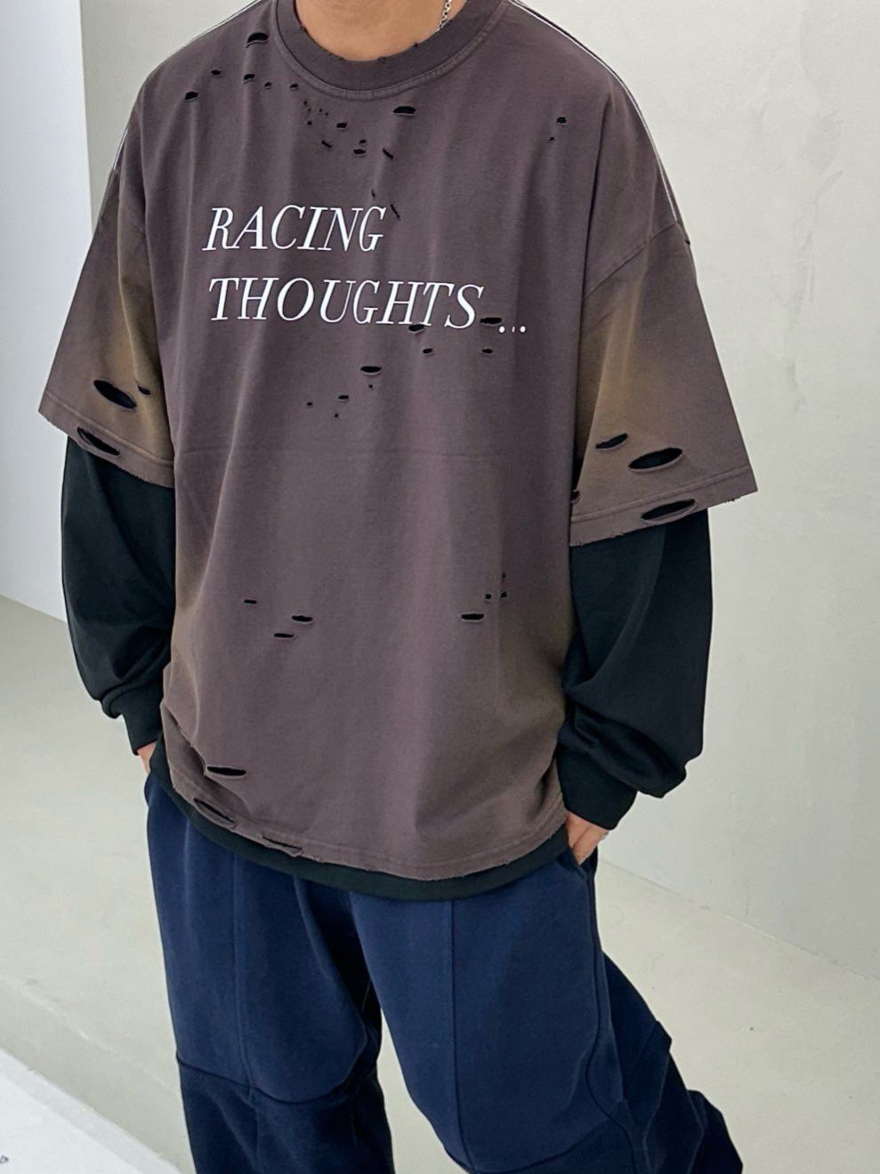 洗水破洞英文字短袖Tee PURE-169T