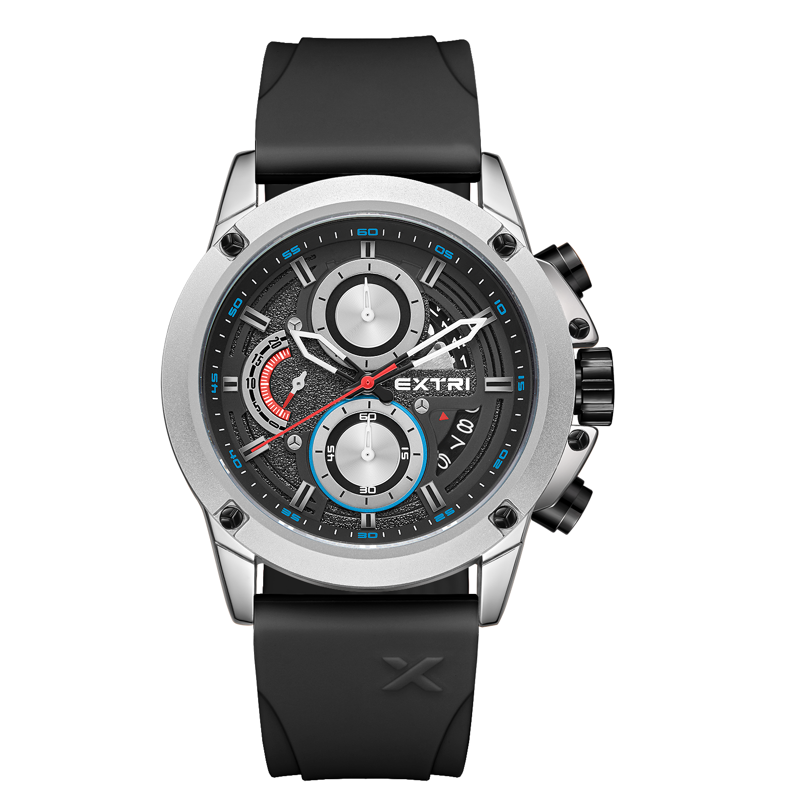 【EXTRI】 X6065 經典 圓形 日期顯示 三眼 矽膠 手錶