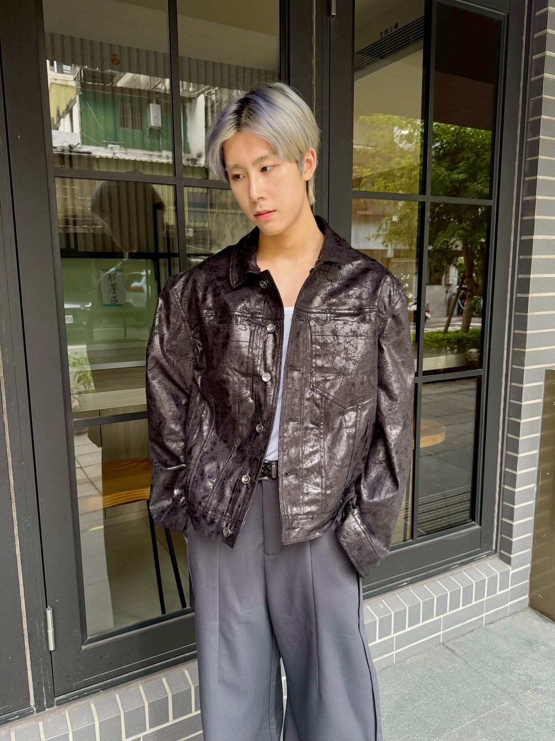 里克塗層短款夾克皮外套