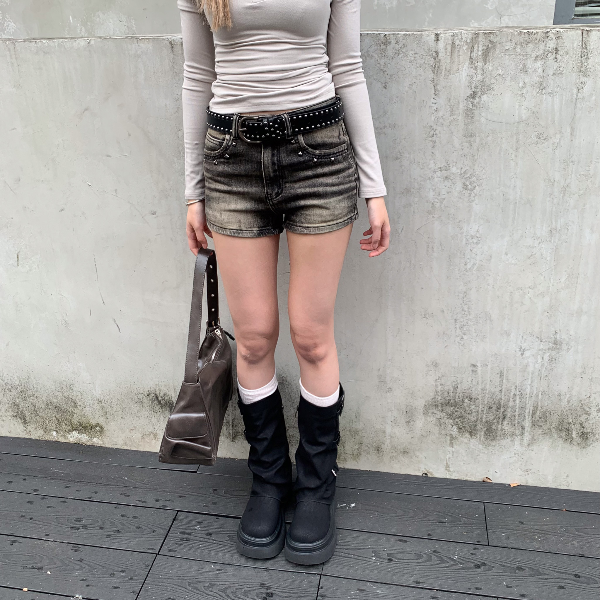 ISA_千禧世代 y2k辣妹復古做舊鉚釘牛仔短褲_58036