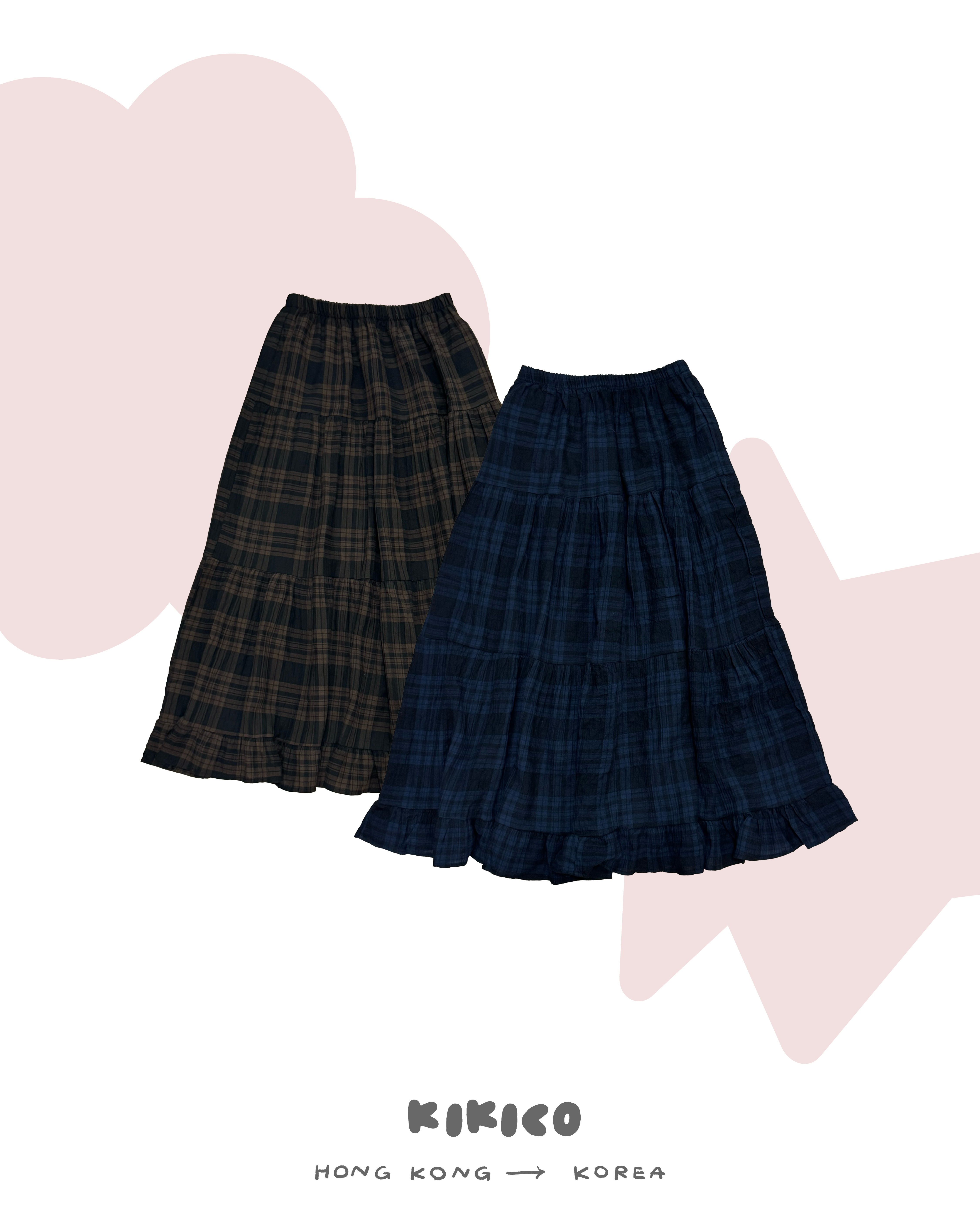 皺皺布格紋三層半裙