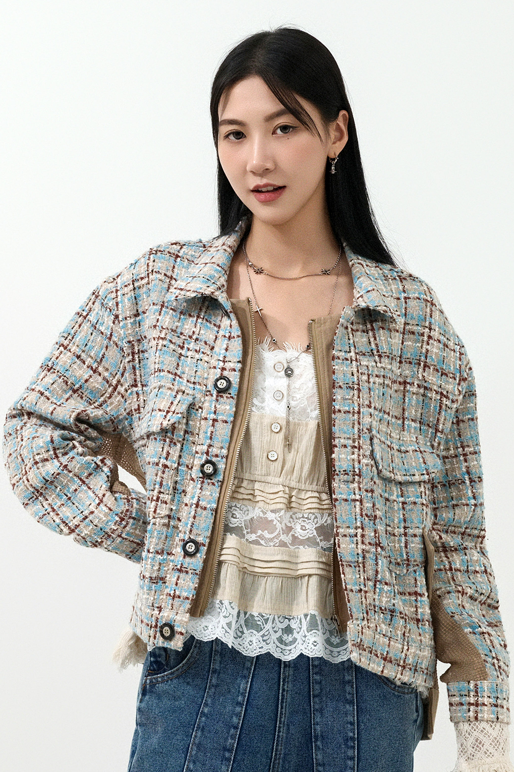 tweed拼網拉鍊鈕扣外套  (預購產品）