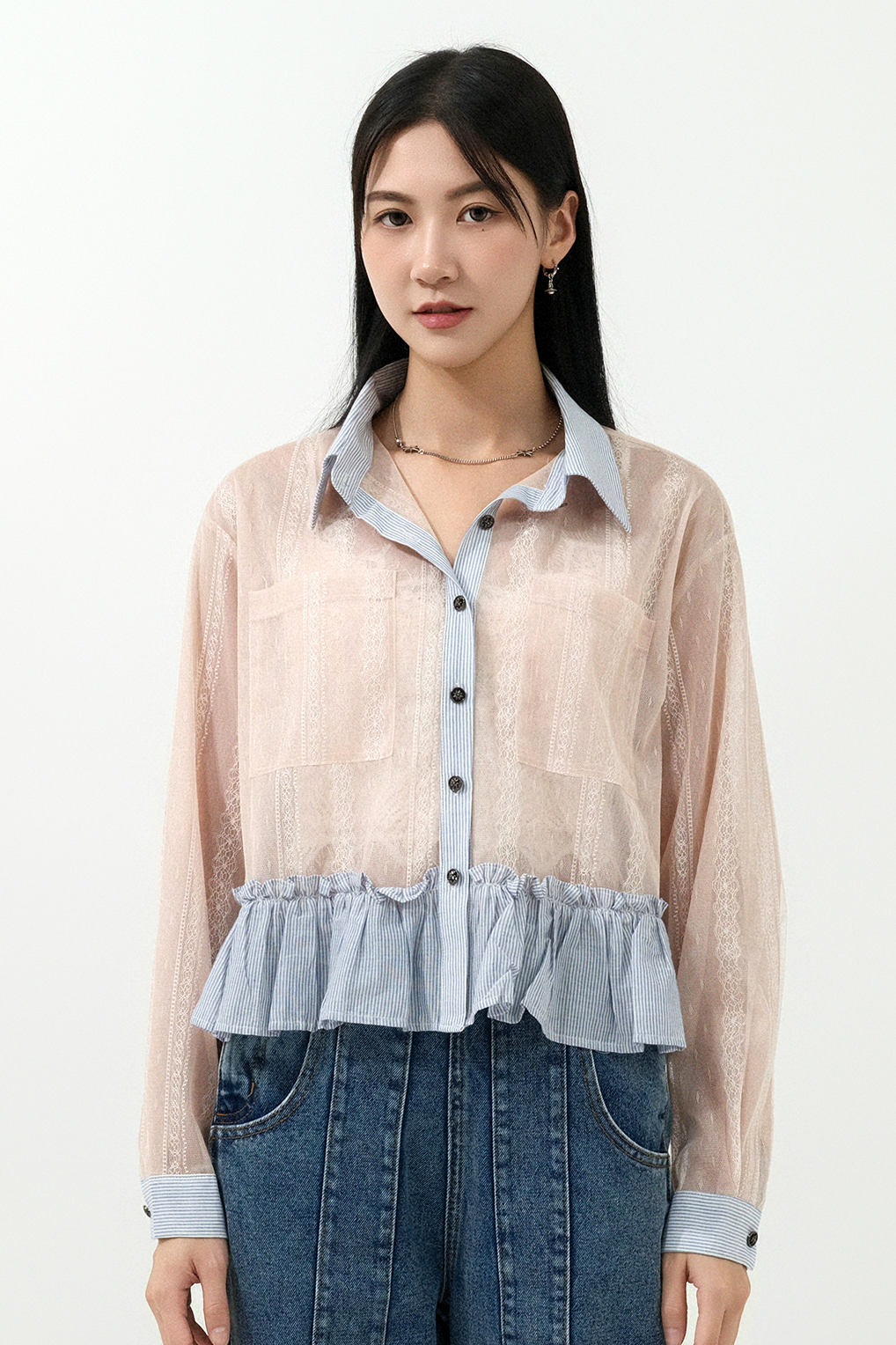 蕾絲紋網紗拼條子恤衫 (預購產品）