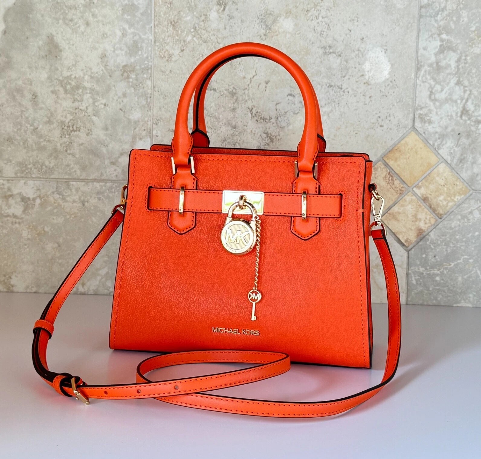 [S] MICHAEL KORS 35T1GHMS1L HAMILTON LEATHER SM SATCHEL,POPPY, 196163786926 (SMK1005)