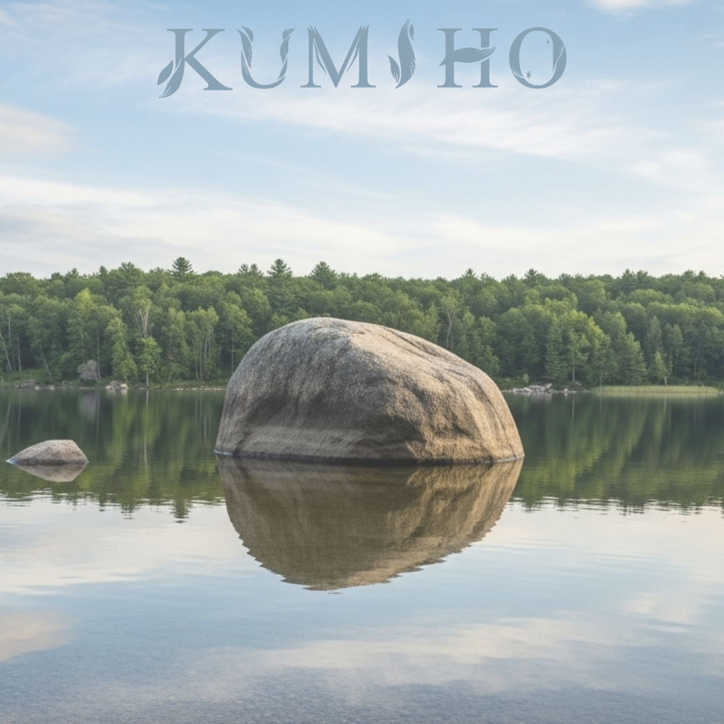 象徵身心靈平衡的寧靜湖面，湖面倒映著天空，石頭安穩地立於中央，呼應秋分時節的內在整合。