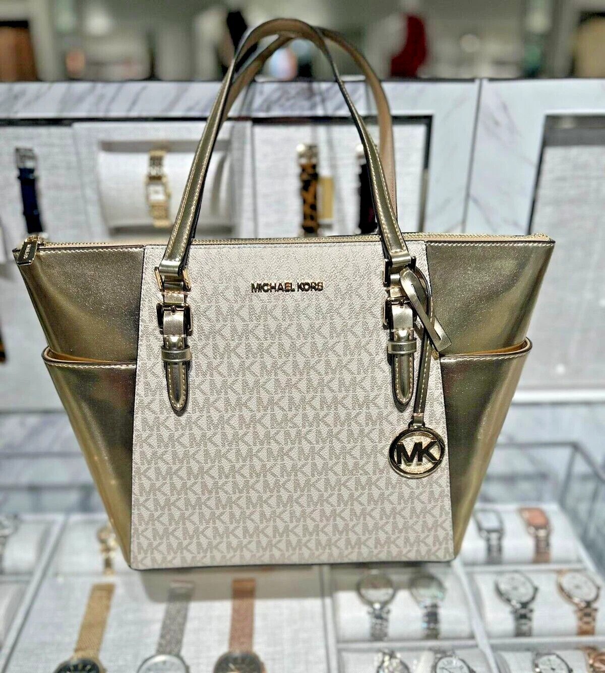 [S] MICHAEL KORS 35F4GCFT3V CHARLOTTE LARGE SIGNATURE LOGO AND METALLIC TOP-ZIP TOTE BAG,PALE GOLD, 197853077089 (SMK1089)