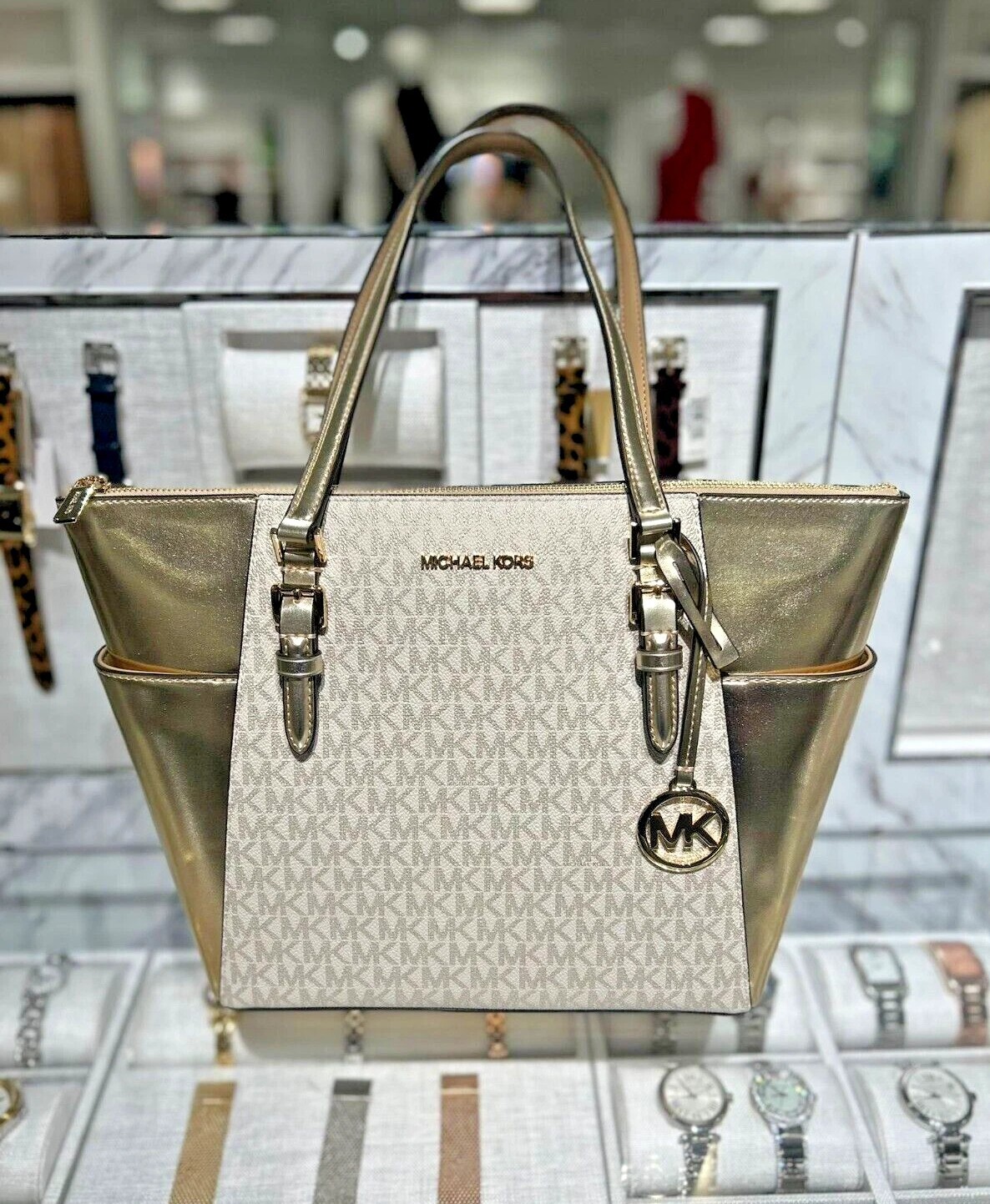 [S] MICHAEL KORS 35F4GCFT3V CHARLOTTE LARGE SIGNATURE LOGO AND METALLIC TOP-ZIP TOTE BAG,PALE GOLD, 197853077089 (SMK1089)
