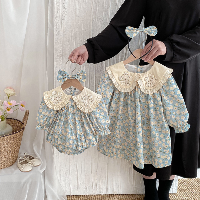 姐姐妹妹一起穿_藍碎花包屁衣/洋裝（含髮帶）