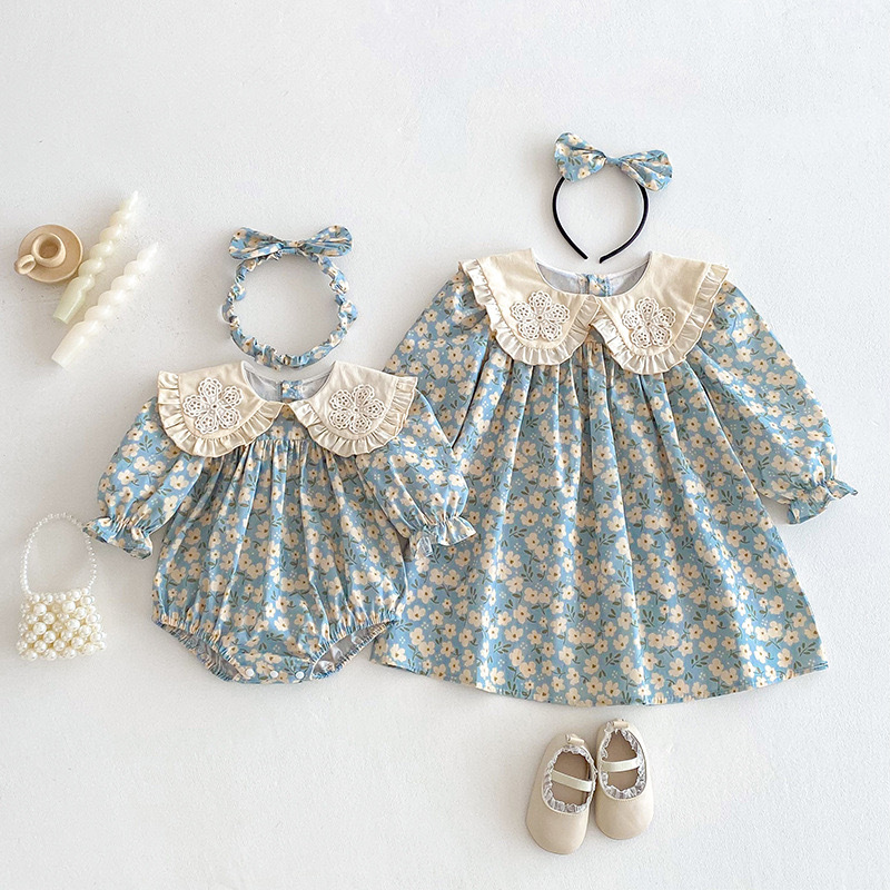 姐姐妹妹一起穿_藍碎花包屁衣/洋裝（含髮帶）