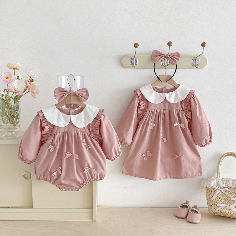 姐姐妹妹一起穿_粉色蝴蝶結包屁衣/洋裝（含髮帶）