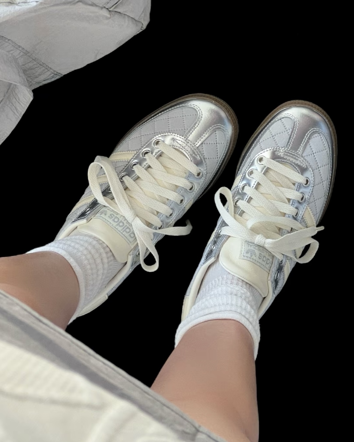 Adidas Handball Spezial 小香風 漆皮 菱格紋 拼接 銀白