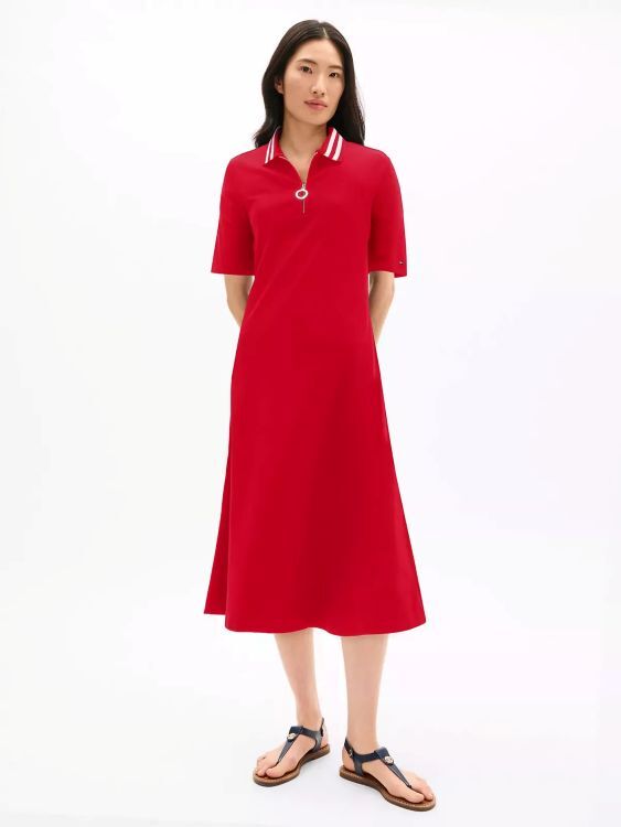 [S] TOMMY HILFIGER ZIP POLO MIDI DRESS,RED, 76J4746-600 (STH660)