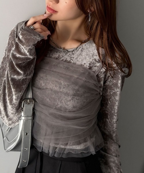 日本🇯🇵連線 Mily Bilet 壓皺天鵝絨薄紗吊帶套裝 絲絨材質 皺褶薄紗 小吊帶 馬甲 背心 長袖 內搭 3色(任買兩件711免運)/預購