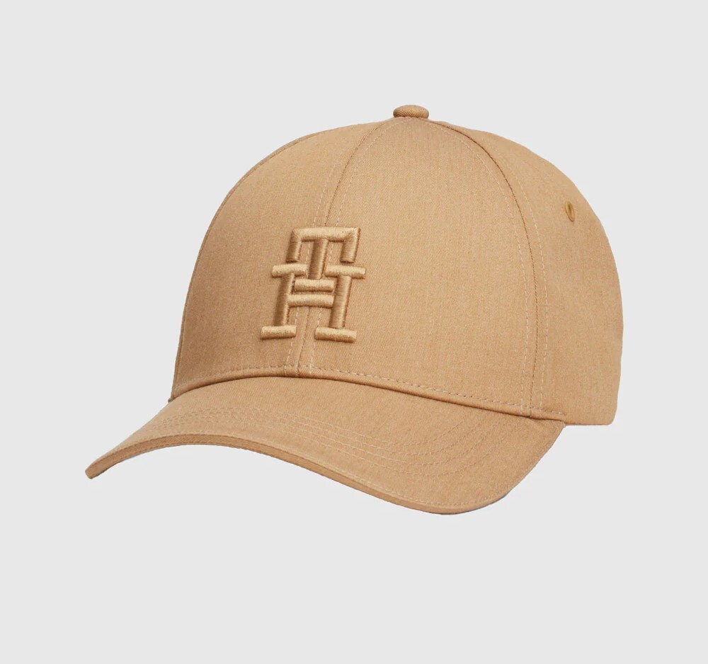 [S] TOMMY HILFIGER WORDING BROWN XW04378 EMBROIDERED MONOGRAM TWILL CAP, 197735687610 (STH1266)