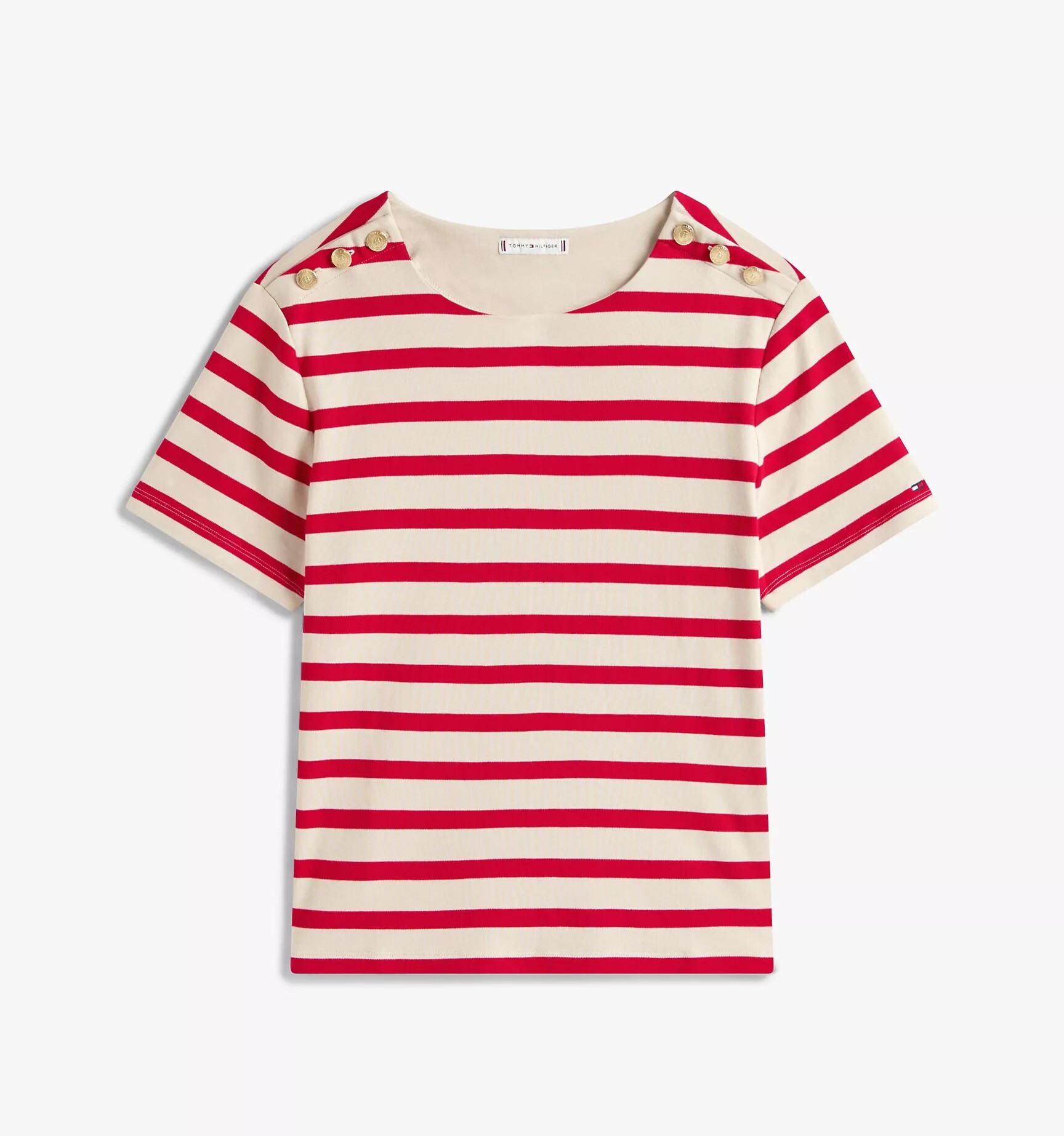 [S] TOMMY HILFIGER RED GOLD BUTTON SHOULDER STRIPE T-SHIRT, XW05337-600 (STH1378)