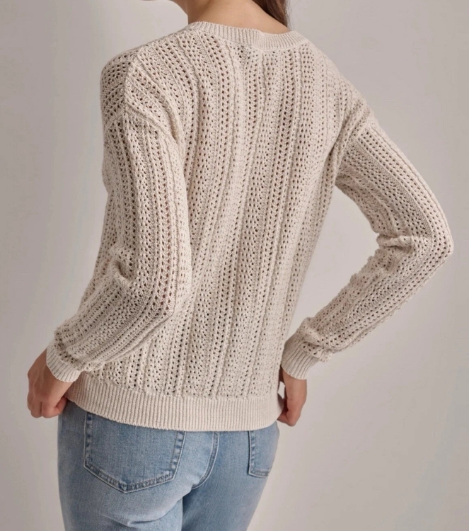 [S] DKNY LUREX POINTELLE V-NECK SWEATER,PEBBLE/SILVER, DJ4R0181-G08 FINAL SALE (SD1049)