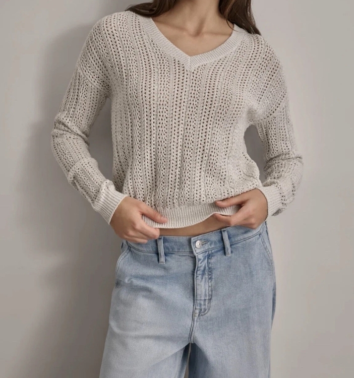 [S] DKNY LUREX POINTELLE V-NECK SWEATER,PEBBLE/SILVER, DJ4R0181-G08 FINAL SALE (SD1049)
