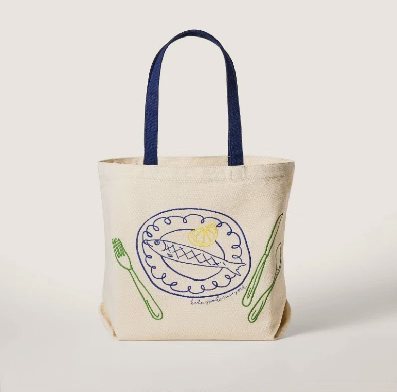 [S] KATE SPADE NATURAL FISH EMBROIDERED CANVAS TOTE BAG, 198850232037 (SKS1643)