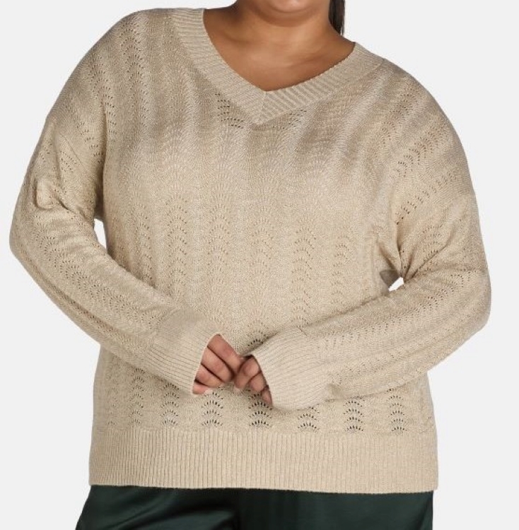 [S] DKNY LUREX POINTELLE V-NECK SWEATER,IVORY/SILVER, DJ4R0181-GI9 (SD1009)