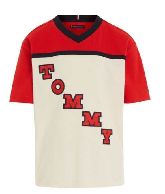 [S] TOMMY HILFIGER RED KIDS LOGO EMBROIDERED V-NECK T-SHIRT, 71J4544-600 (STH1077)