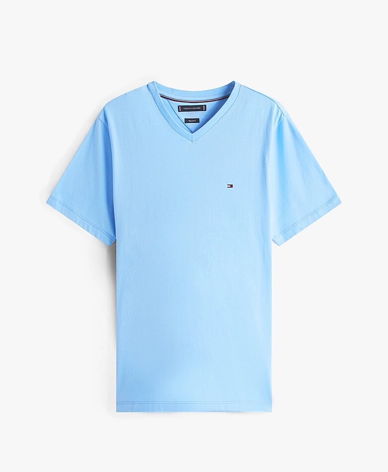 [S] TOMMY HILFIGER V-NECK T-SHIRT FLAG EMBROIDERY ON CHEST,LIGHT BLUE, 76J3766-430 (STH102)