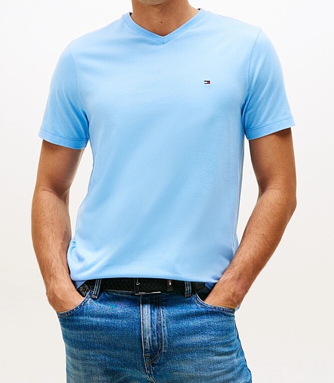 [S] TOMMY HILFIGER V-NECK T-SHIRT FLAG EMBROIDERY ON CHEST,LIGHT BLUE, 76J3766-430 (STH102)