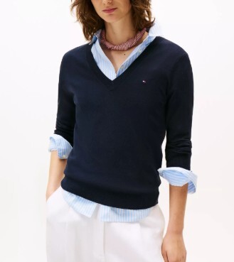 [S] TOMMY HILFIGER SOLID VISCOSE-BLEND LADIES V-NECK KNIT SWEATER,NAVY, 76J5114-410 (STH988)