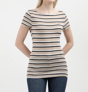 [S] TOMMY HILFIGER STRIPE BOATNECK T-SHIRT,KHAKI/SAND MULTI, 76J4974-200 (STH837)