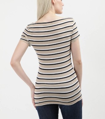 [S] TOMMY HILFIGER STRIPE BOATNECK T-SHIRT,KHAKI/SAND MULTI, 76J4974-200 (STH837)