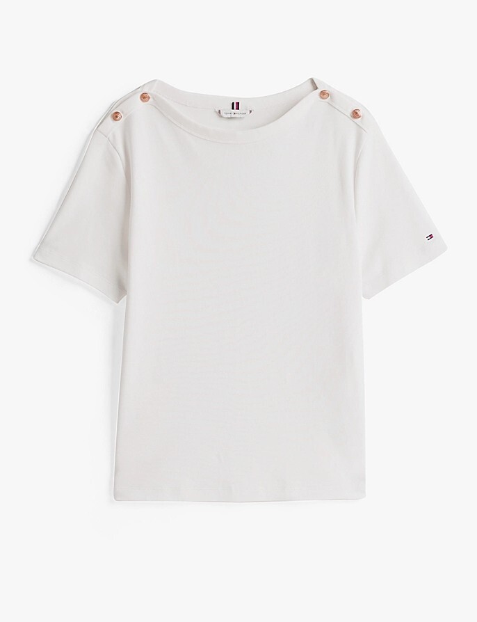 [S] TOMMY HILFIGER WHITE GOLD BUTTON SHOULDER T-SHIRT, XW05471-100 (STH1380)