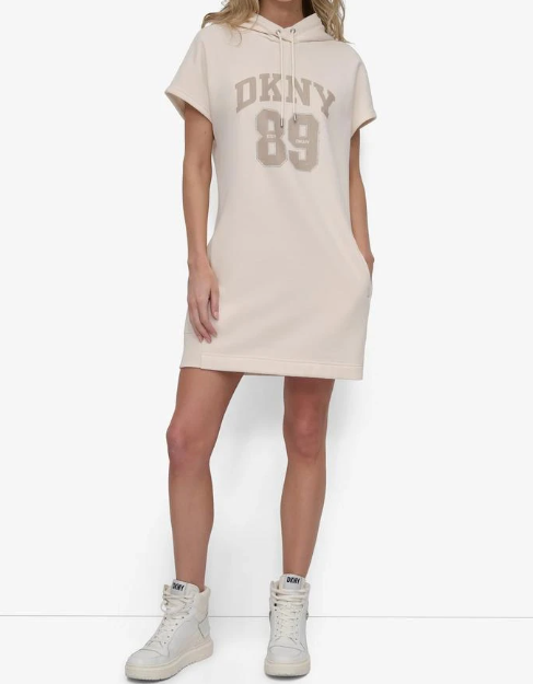 [S] DKNY EGGNOG/PEBBLE DP5D4899 ARCHED DKNY 89 DISTRESSED RHINESTONE LOGO DRESS, 732465905773 (SD1388)