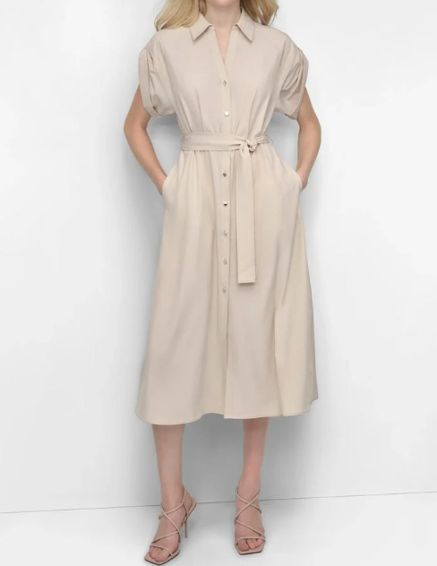 [S] DKNY ELEGANT BEIGE DD51BG51 BUTTON DOWN BELTED SHIRT DRESS, 732465684609 FINAL SALE (SD1396)
