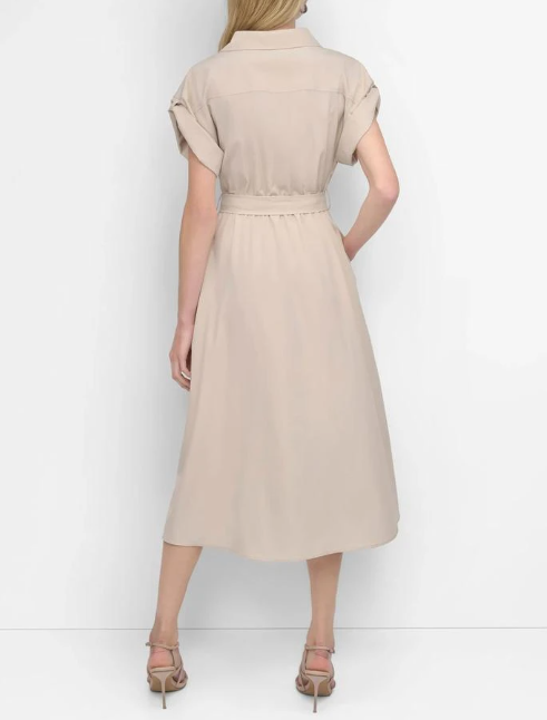 [S] DKNY ELEGANT BEIGE DD51BG51 BUTTON DOWN BELTED SHIRT DRESS, 732465684609 FINAL SALE (SD1396)