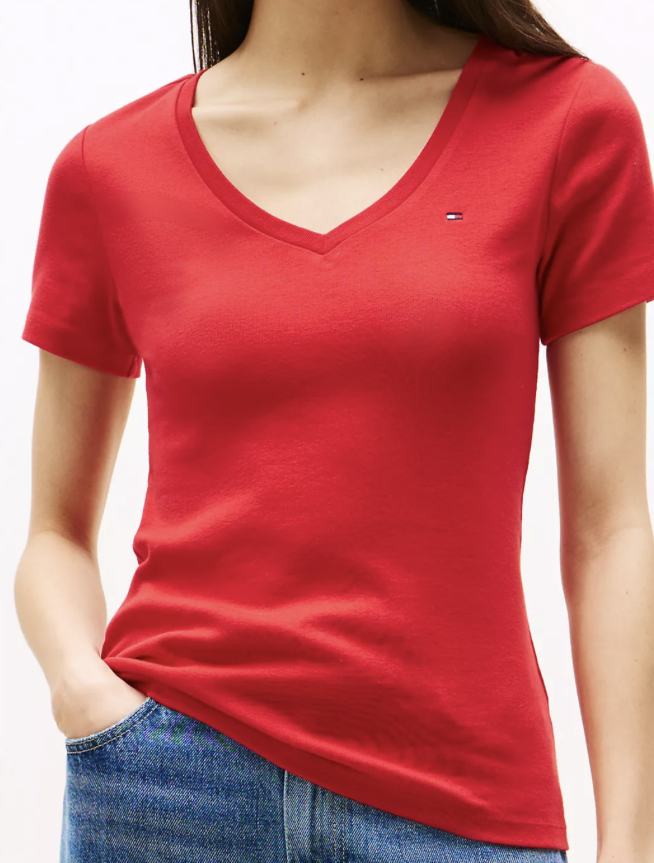 [S] TOMMY HILFIGER LADIES V-NECK FAVORITE T-SHIRT,RED, 76J4871-600 (STH991)