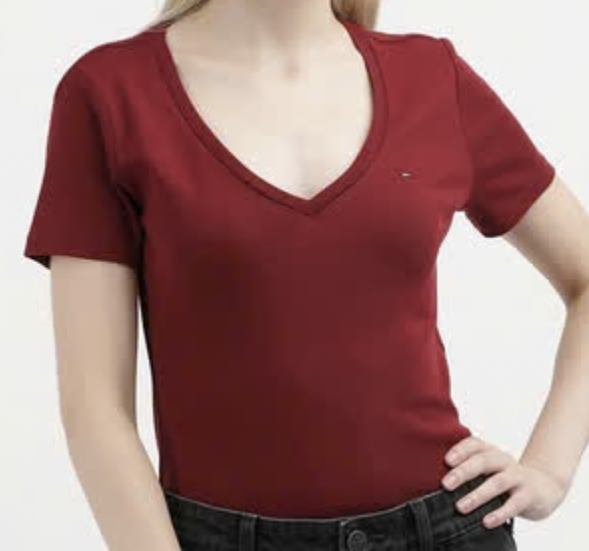 [S] TOMMY HILFIGER LADIES V-NECK FAVORITE T-SHIRT,MAROON, 76J4887-601 (STH978)