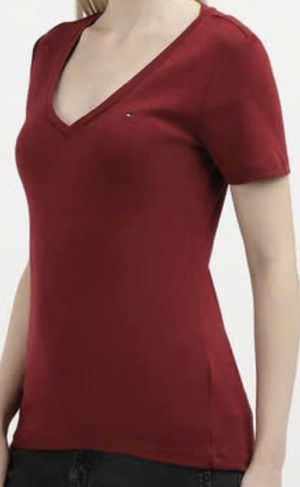 [S] TOMMY HILFIGER LADIES V-NECK FAVORITE T-SHIRT,MAROON, 76J4887-601 (STH978)