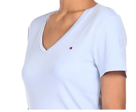 [S] TOMMY HILFIGER SKY BLUE SMALL LOGO LADIES V-NECK T-SHIRT, 76J4887-450 (STH1144)