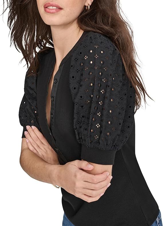 [S] DKNY PUFF SLEEVE EYELET HENLEY TOP,CLOVER BLACK, DJ4T1152-HVL [FINAL SALE] (SD1038)
