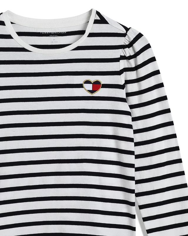 [S] TOMMY HILFIGER WHITE KIDS STRIPE PUFF SHOULDER T-SHIRT, 71J4597-110 (STH1062)
