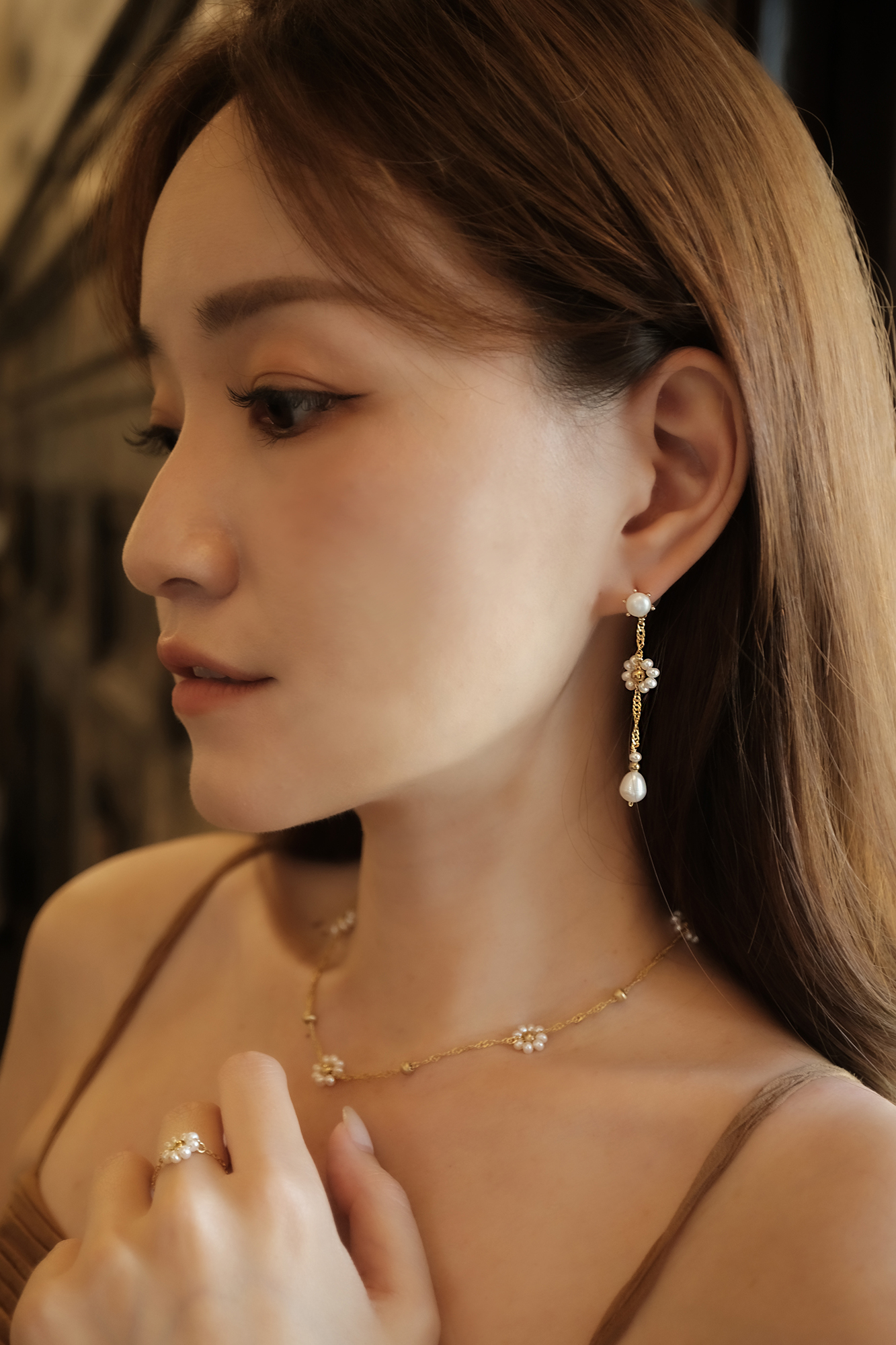 黃銅飾品, 耳環, 飾品, 黃銅,天然珍珠,氣質,花