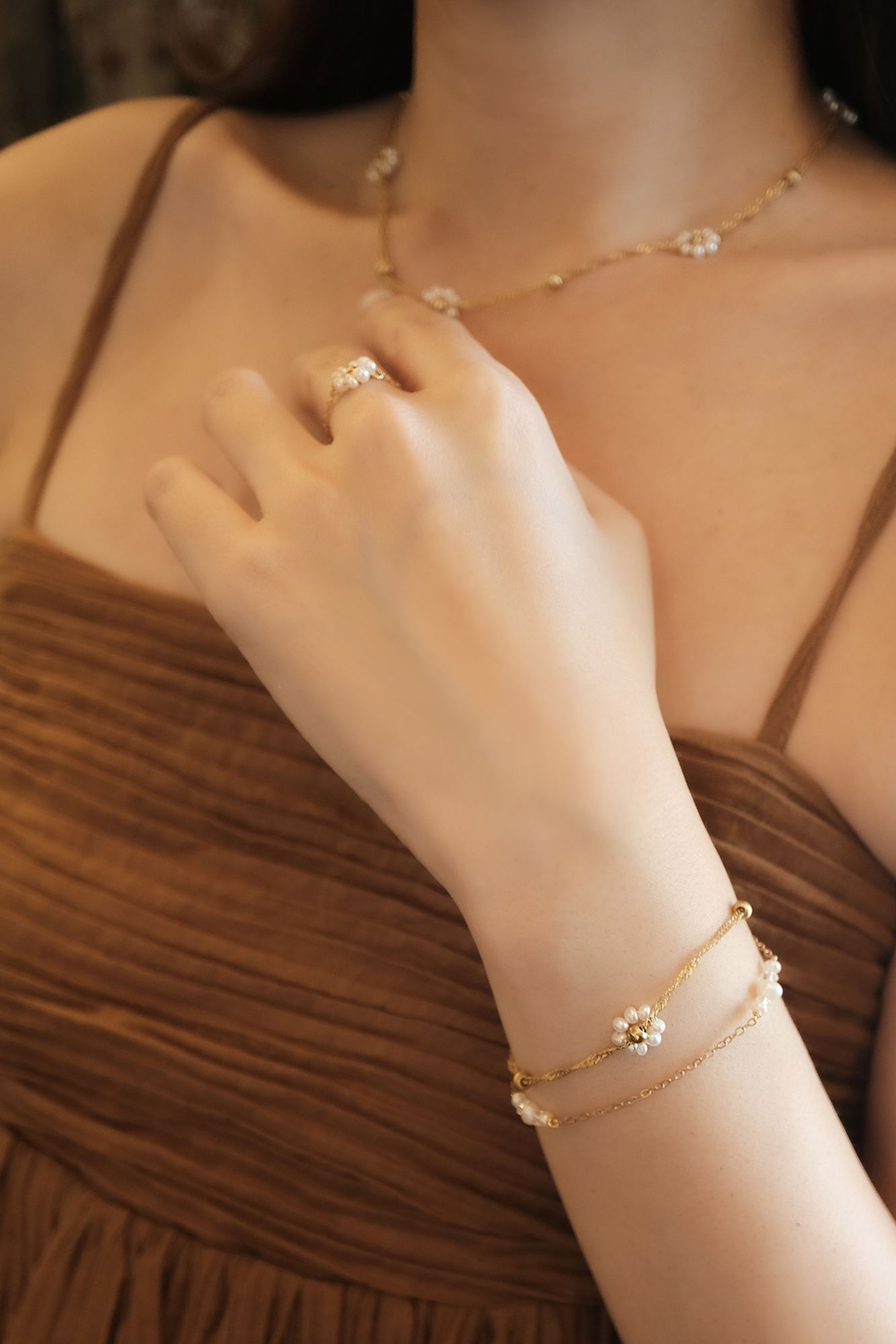 黃銅飾品, 手鍊, 飾品, 黃銅, 天然珍珠,氣質,花,施華洛世奇水晶,雙層