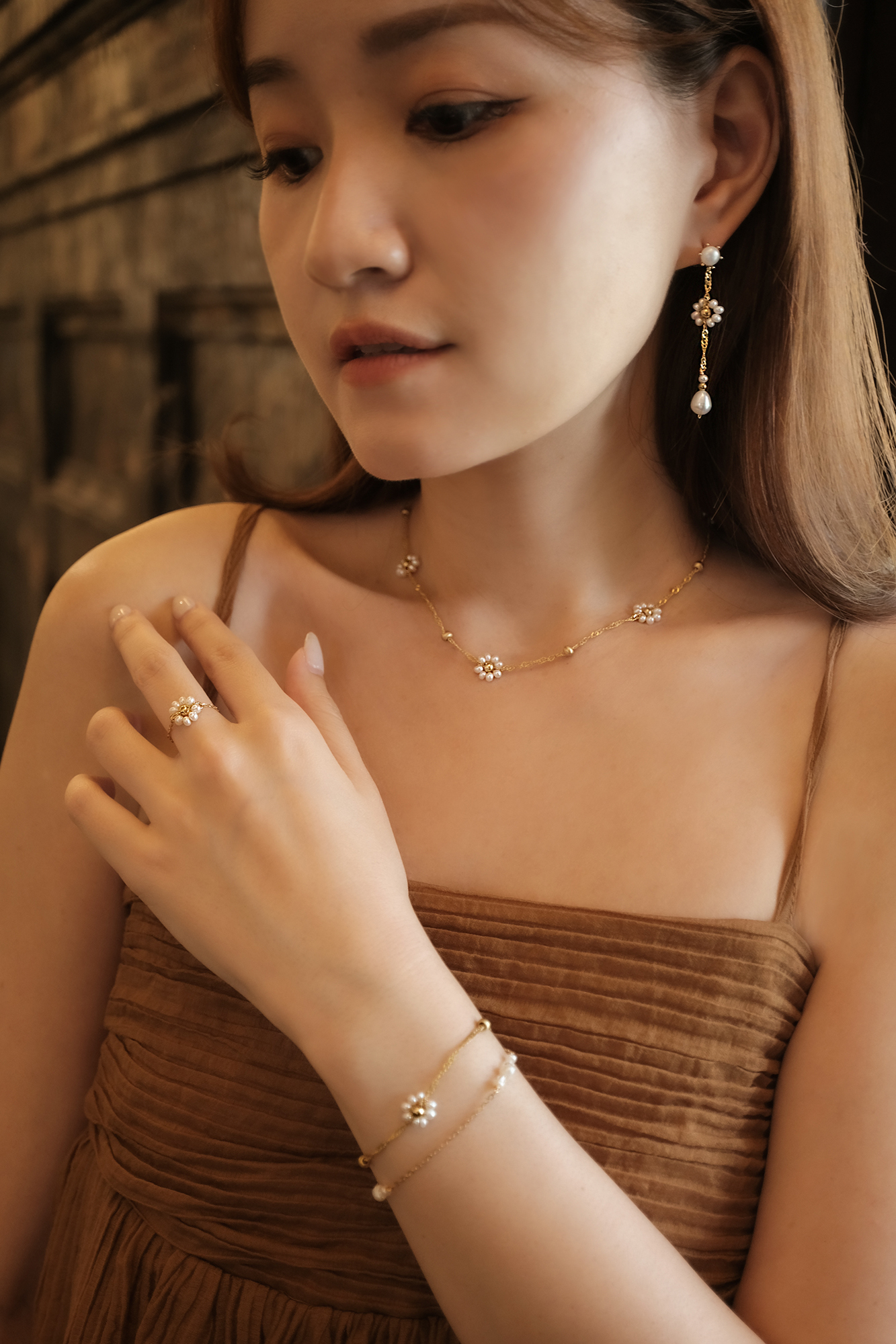 黃銅飾品, 手鍊, 飾品, 黃銅, 天然珍珠,氣質,花,施華洛世奇水晶,雙層