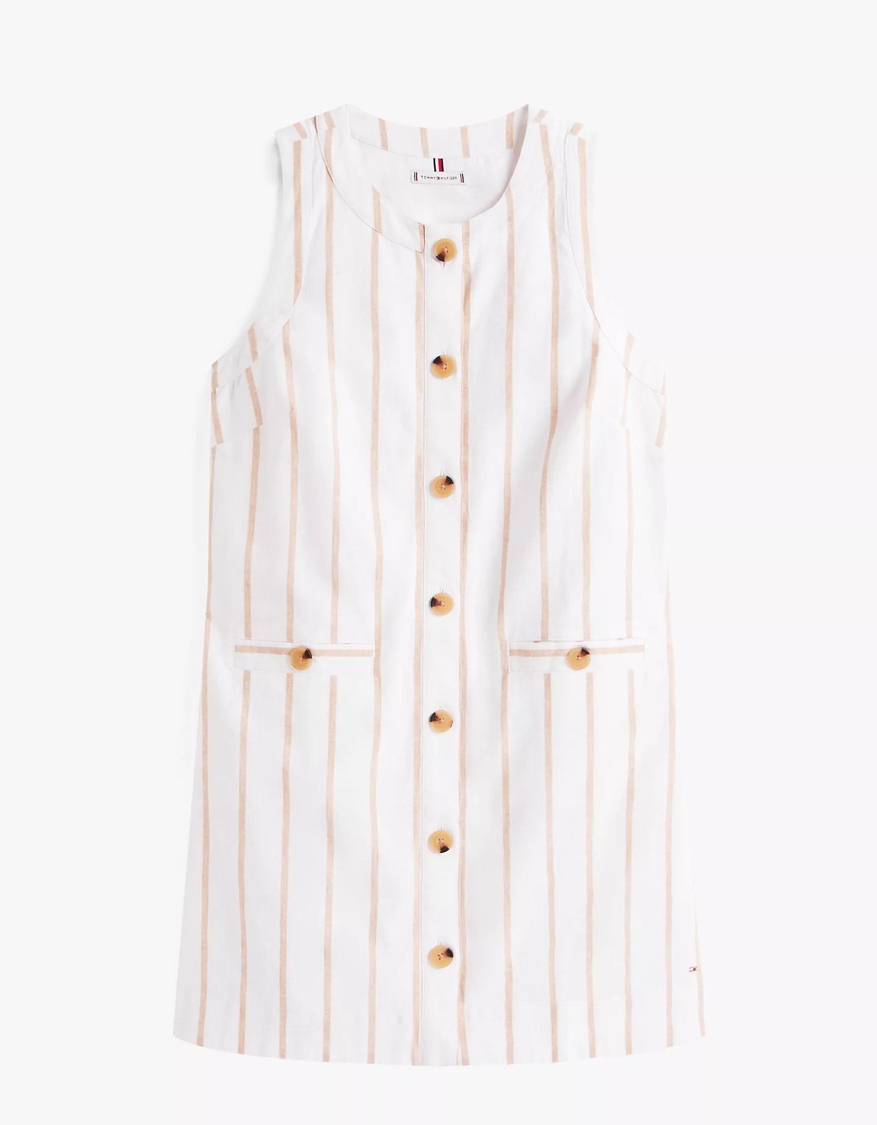 [S] TOMMY HILFIGER WHITE SLEEVELESS COTTON-LINEN STRIPE DRESS, XW05213-100 (STH1398)