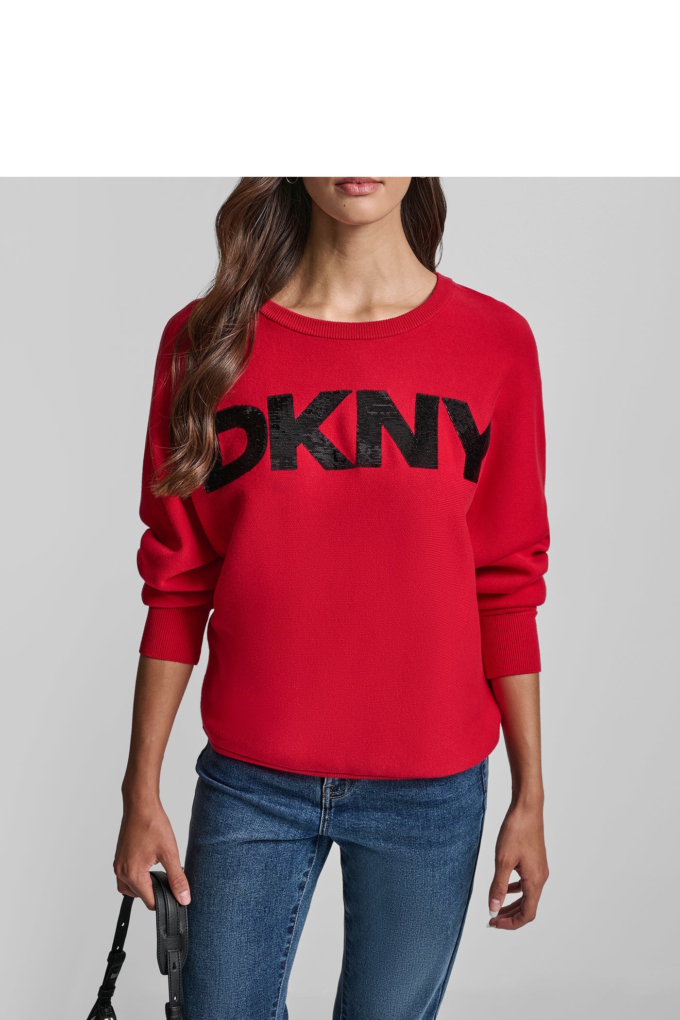 [S] DKNY RED LT/BLACK WOMEN'S LONG SLEEVE SEQUIN LOGO CREWNECK SWEATER, DJ4R0480-I3A [FINAL SALE] (SD1274)