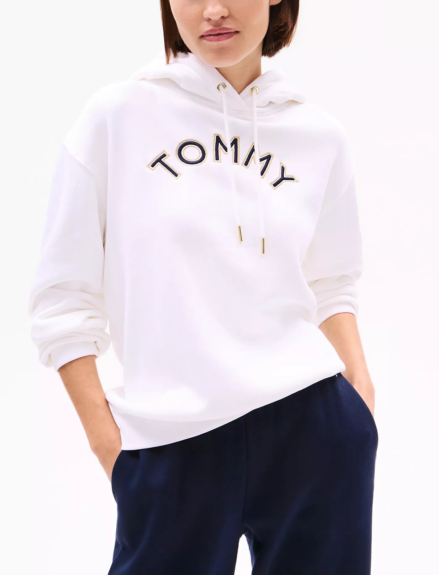[S] TOMMY HILFIGER WHITE WOMEN TOMMY EMBROIDERED LOGO PULLOVER HOODIE, 76J5530-100 (STH1198)
