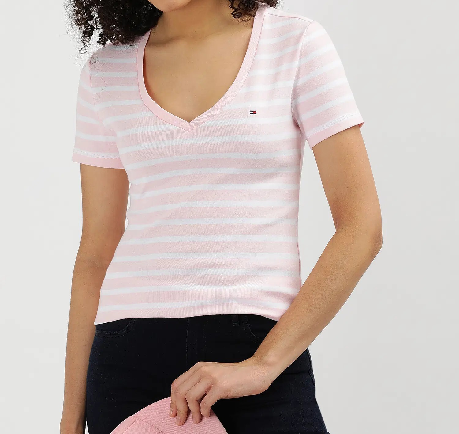 [S] TOMMY HILFIGER PINK V-NECK STRIPE T-SHIRT, XW05029-650 (STH1383)