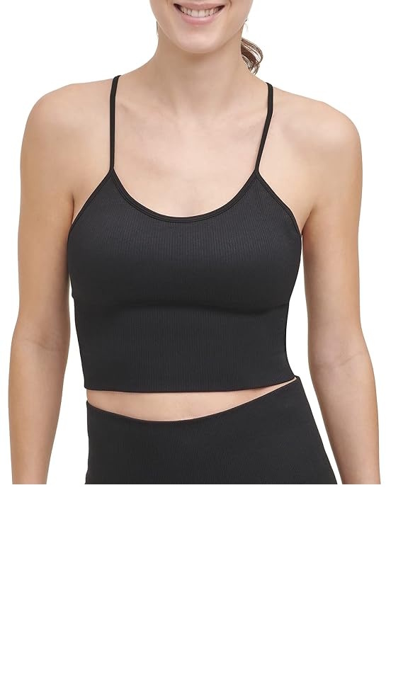 [S] DKNY RIB KNIT SEAMLEWSS CROP TOP,BLACK, DP1T7982-BLK FINAL SALE (SD184)