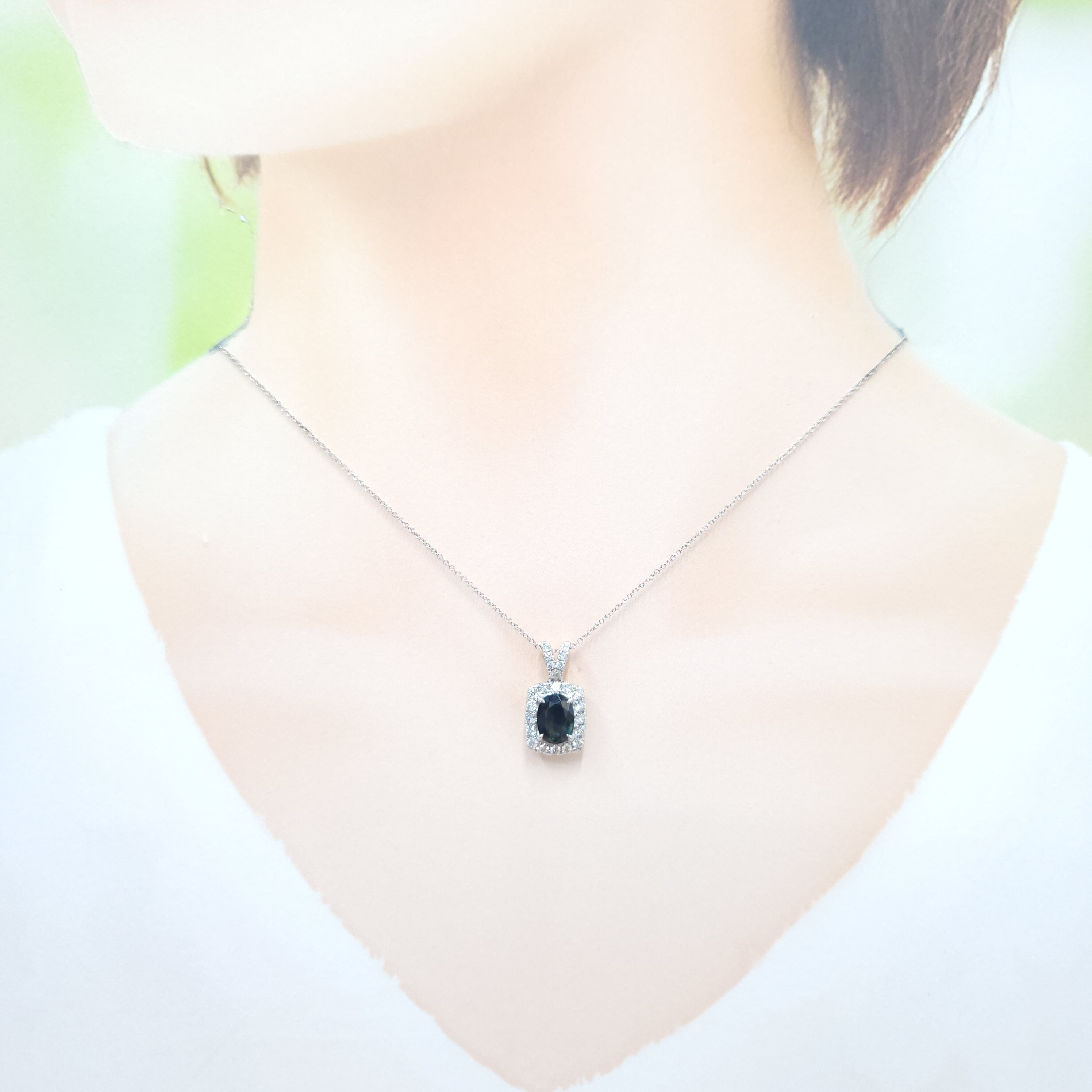 18K White Gold 1.55ct Sapphire and Diamond Pendant