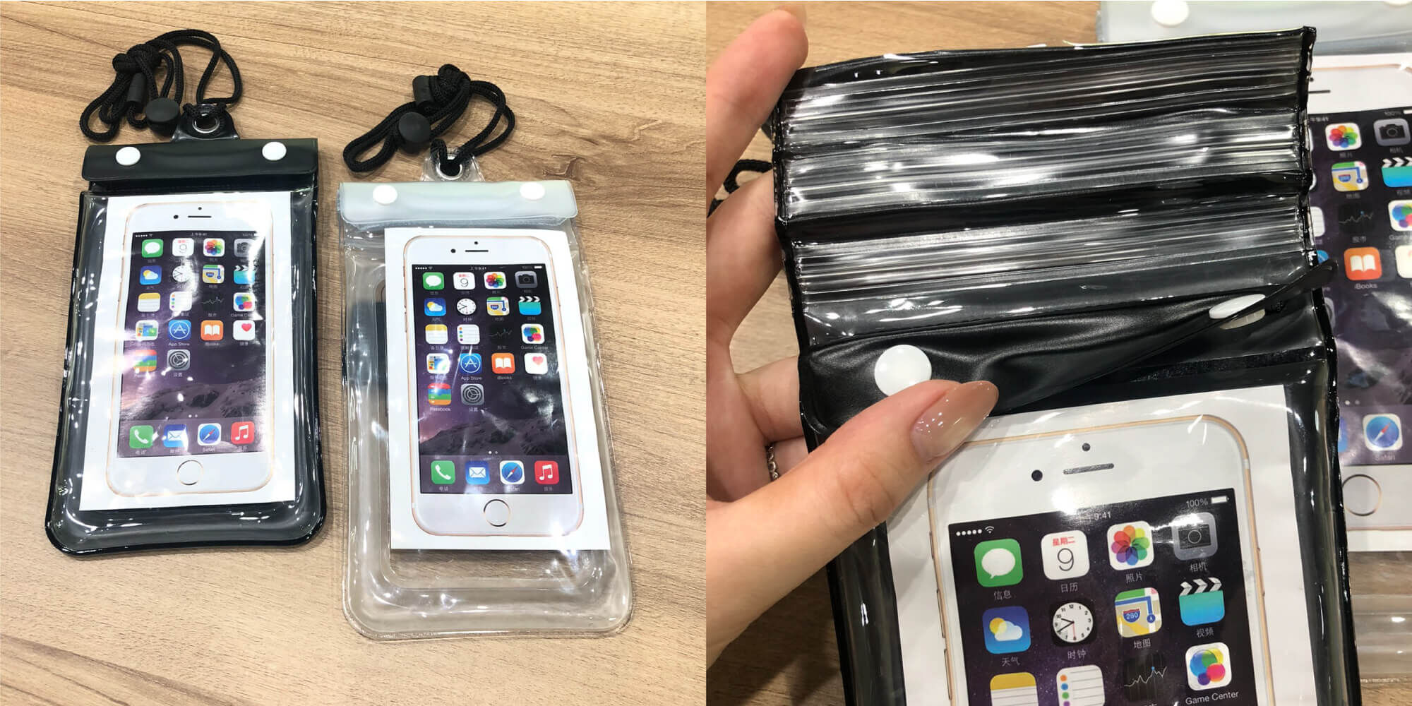6.5吋漂浮防水袋黑白款展示與三層摺疊封口細節，附掛繩可防進水｜殼老爹 Cloud Shop