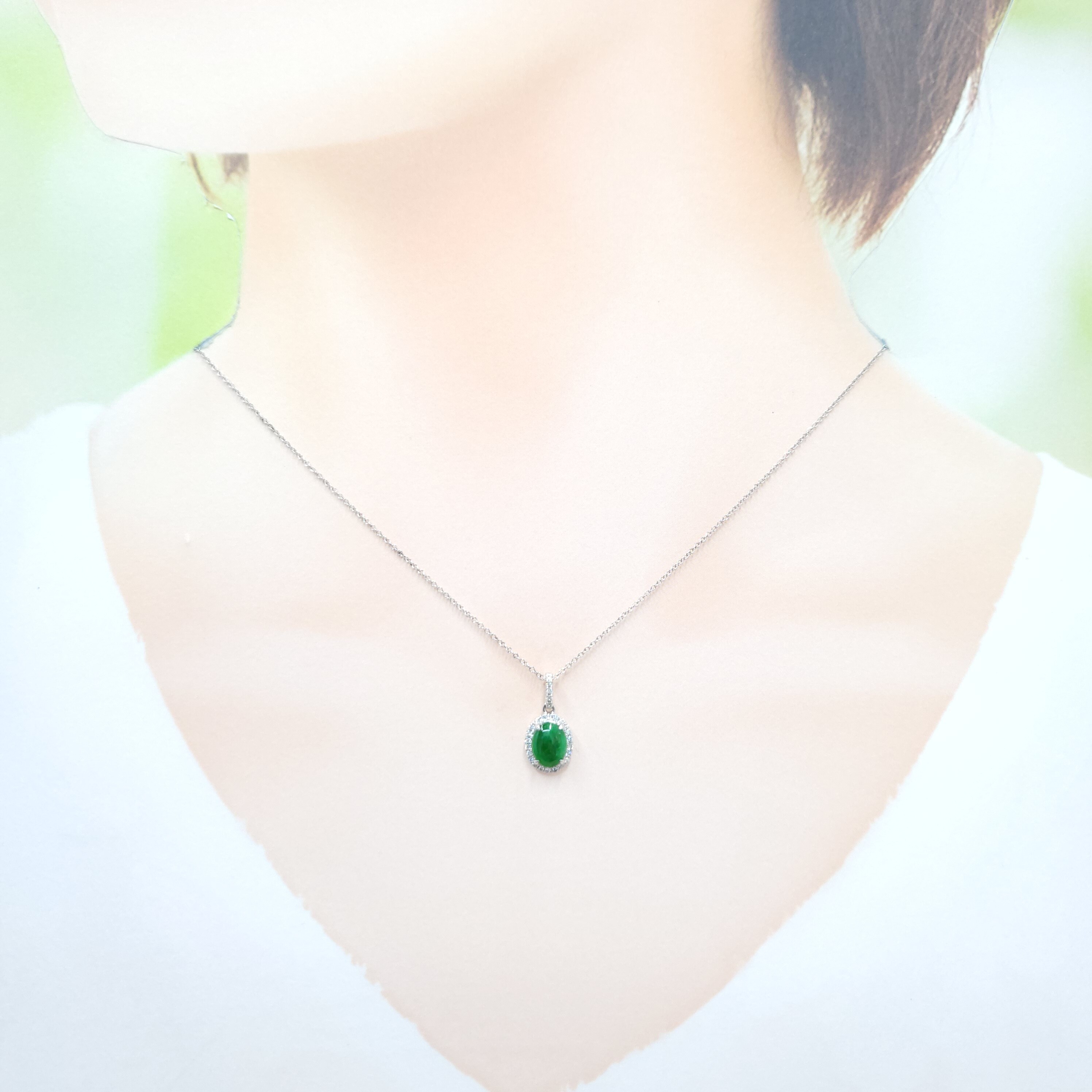 18K White Gold Jade and 0.10ct Diamond Pendant